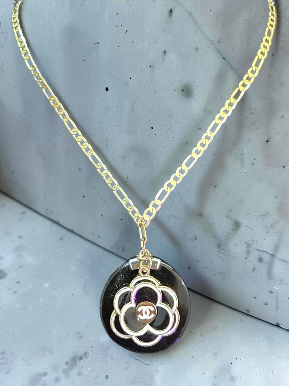 CC Logo Black Camellia On Black Onyx Pendant With Gold Over Sterling Chain ✨NEW✨